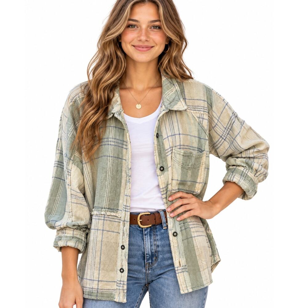 We the Free People Cozy in Plaid Button Shirt Womens Medium Waffle Knit Shacket